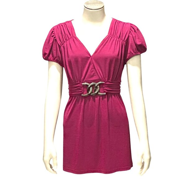 Wrapper Tops - Wrapper XL Magenta Empire Waist Tunic Top Puff Sleeve Silver Buckle Y2K Glamcore